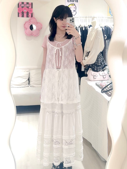 甜美花邊蕾絲長裙套裝