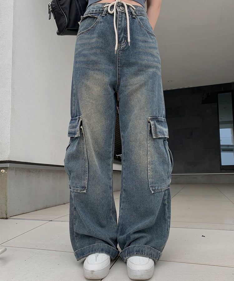 束帶工裝牛仔寬腿褲