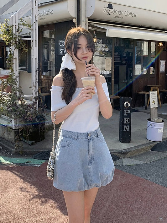 牛仔材質*๑♡可愛花苞短裙