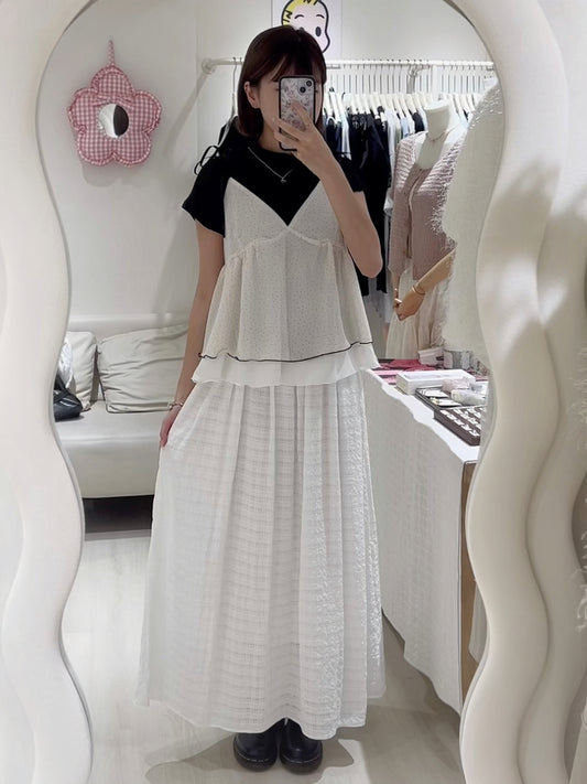 皺皺短Tee+波點層次感背心