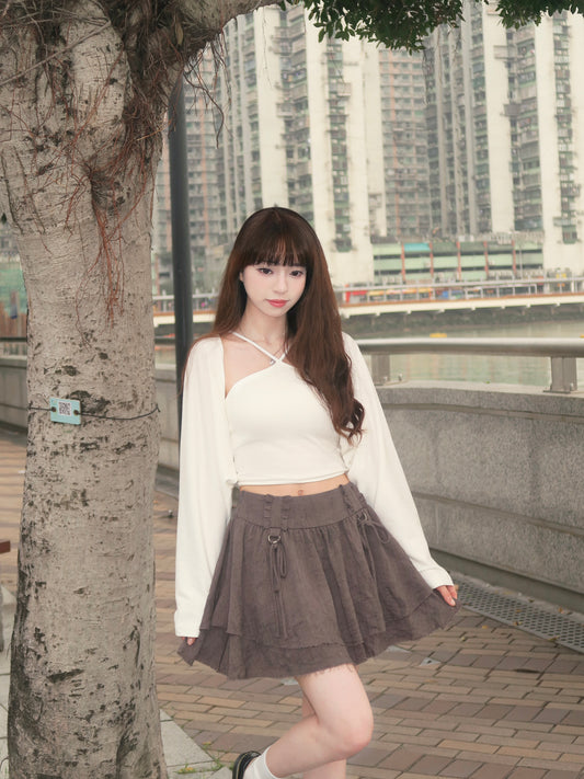 交叉肩帶連PAD上衣+短裙套裝