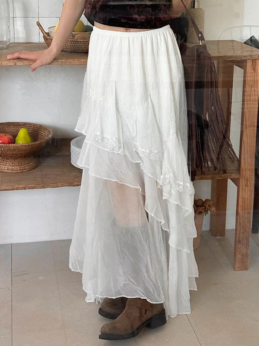 高品質⸜♡⸝斜擺蕾絲鬆緊腰長裙