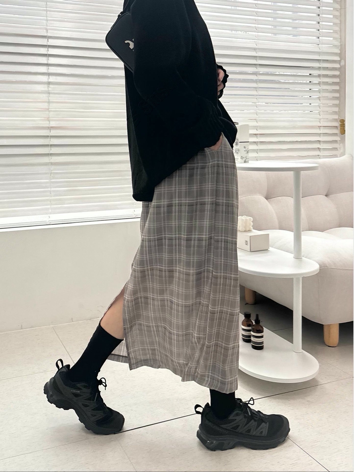 鬆緊腰拼色格紋紗裙