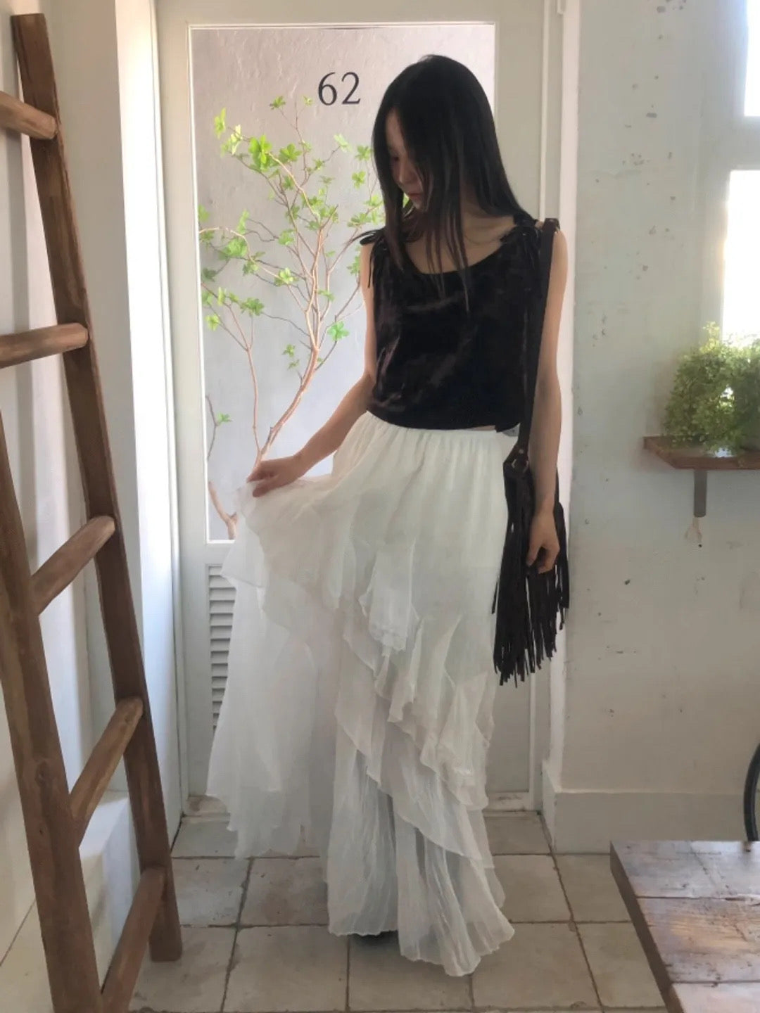 高品質⸜♡⸝斜擺蕾絲鬆緊腰長裙