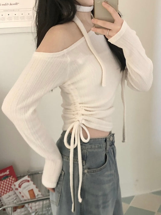 露肩側綁帶設計感上衣