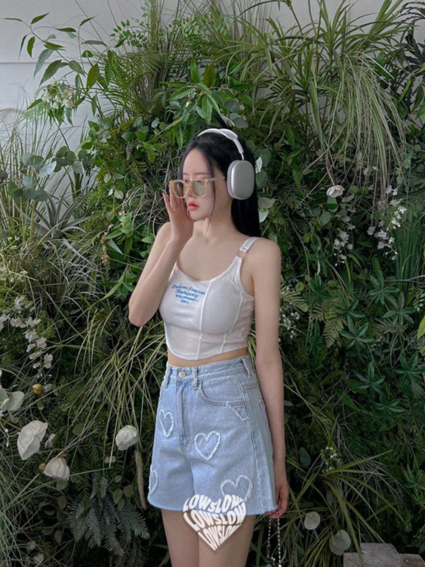 心心毛邊淺藍牛仔短褲