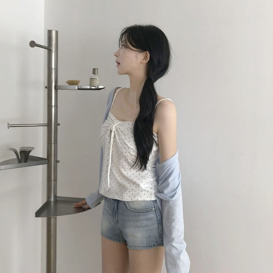 波點蝴蝶結背心+外套Set