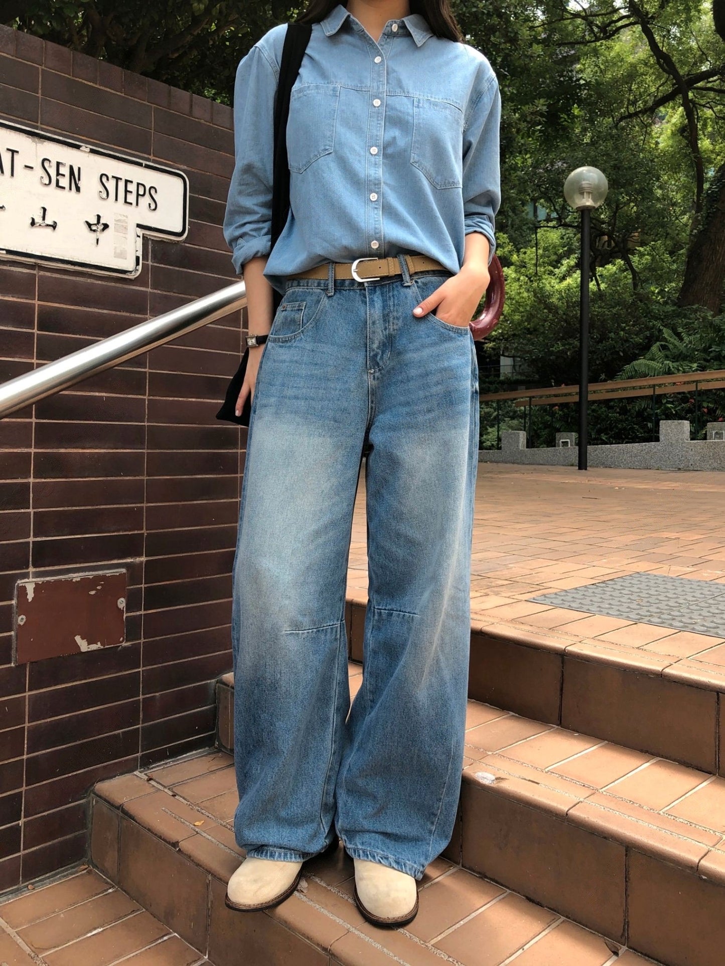 美式復古洗水牛仔闊褲