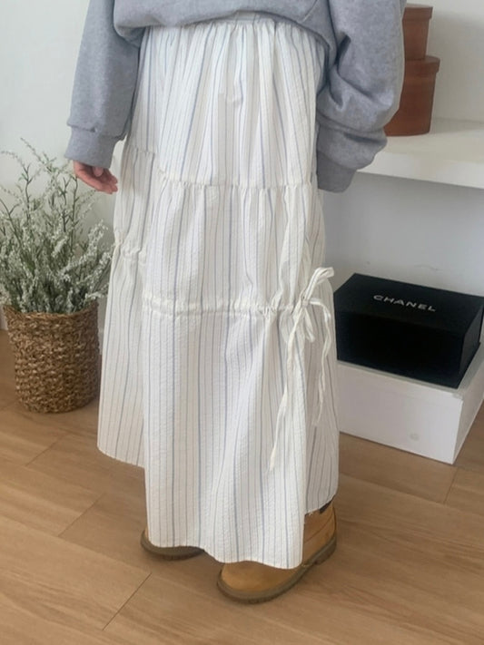 細條紋免燙帶綁帶長裙