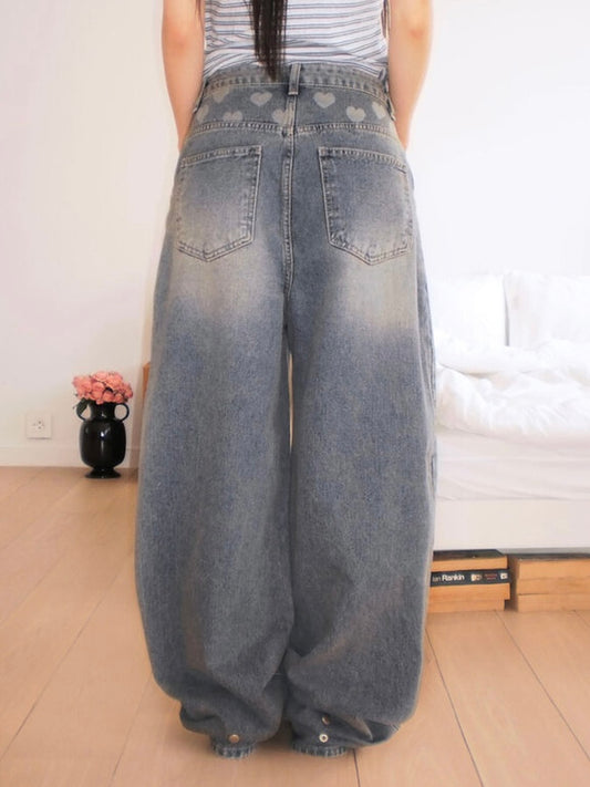 心心設計!!復古洗水牛仔闊褲