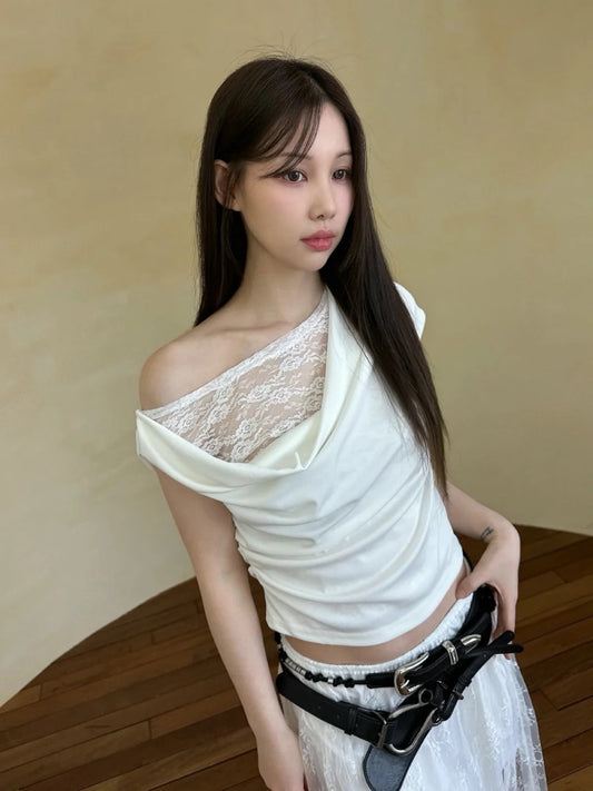 假兩件Lace皺摺tee