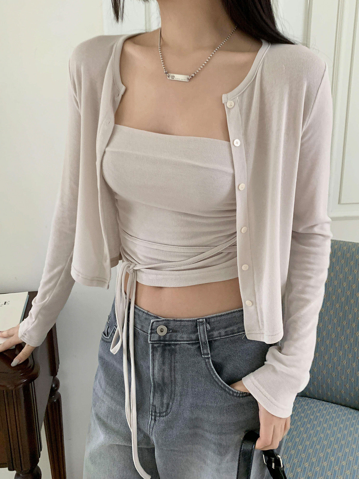 皺摺綁帶tube top+開衫Set