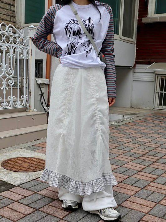 日系格仔花紋抽繩長裙