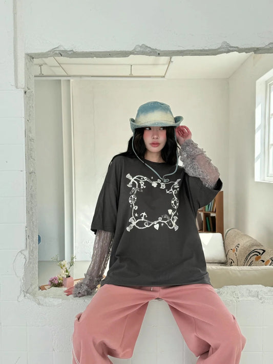 手袖超美♡‧₊蕾絲拼接寬鬆tee