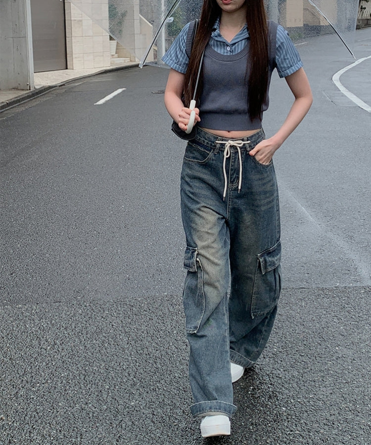 束帶工裝牛仔寬腿褲