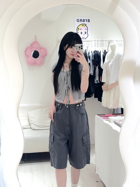 韓系五分褲🩶拼蕾絲綁帶上衣