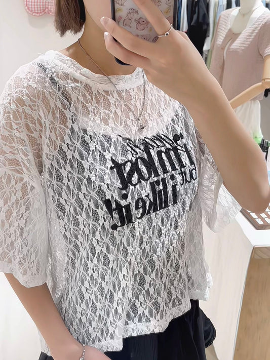 韓系字母蕾絲圓領短tee