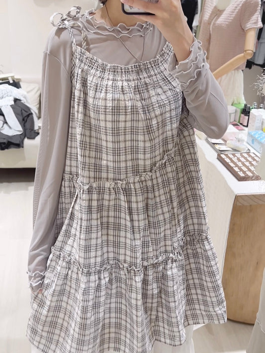 Ruffle tee+奶油格紋綁帶OPS