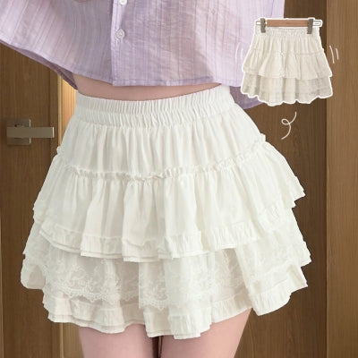 蕾絲荷葉邊層疊迷你裙