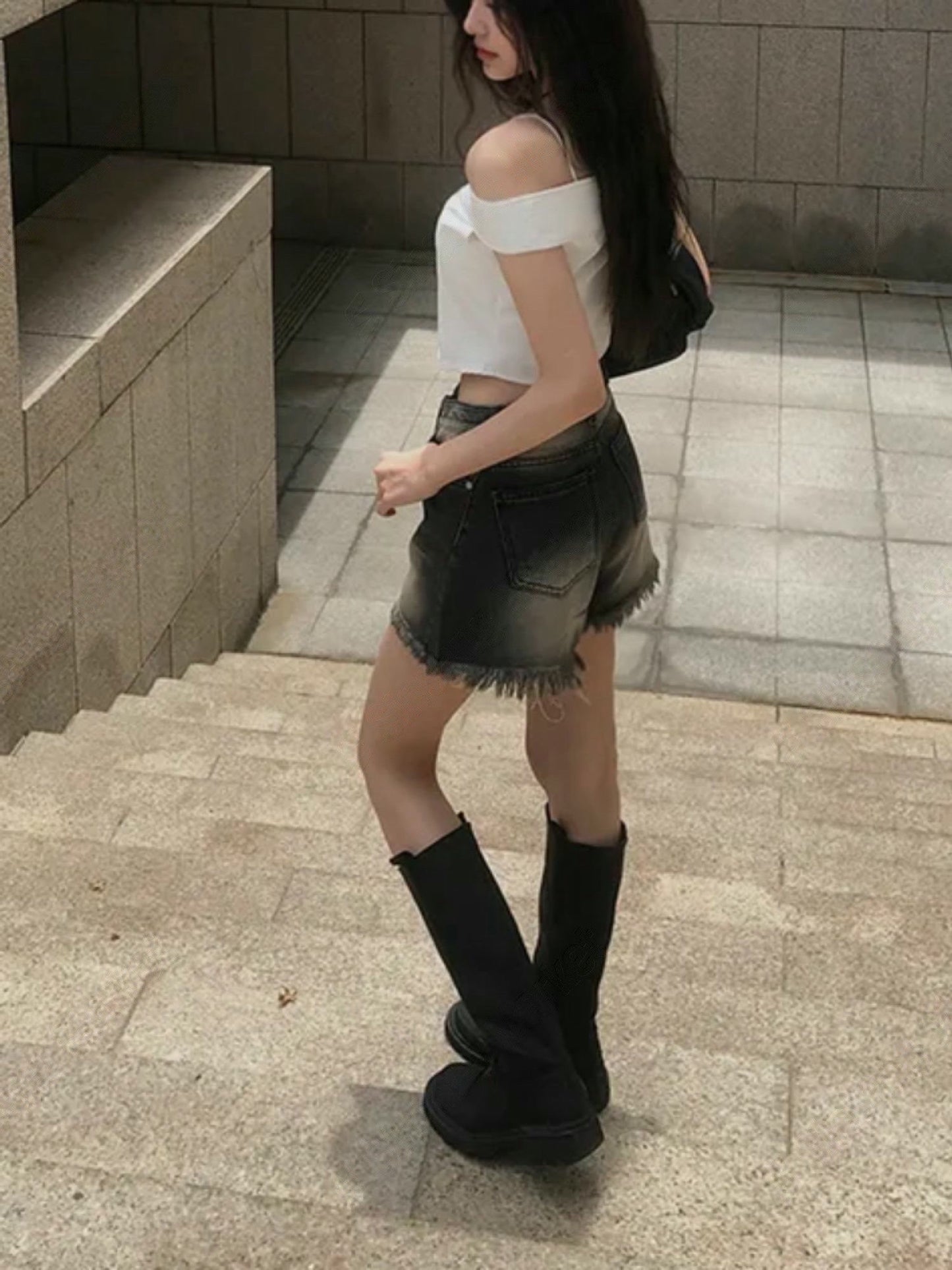 洗水高腰流蘇邊短褲