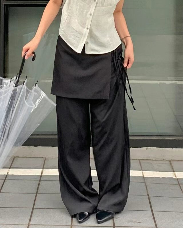 索索料假兩件側綁帶闊褲