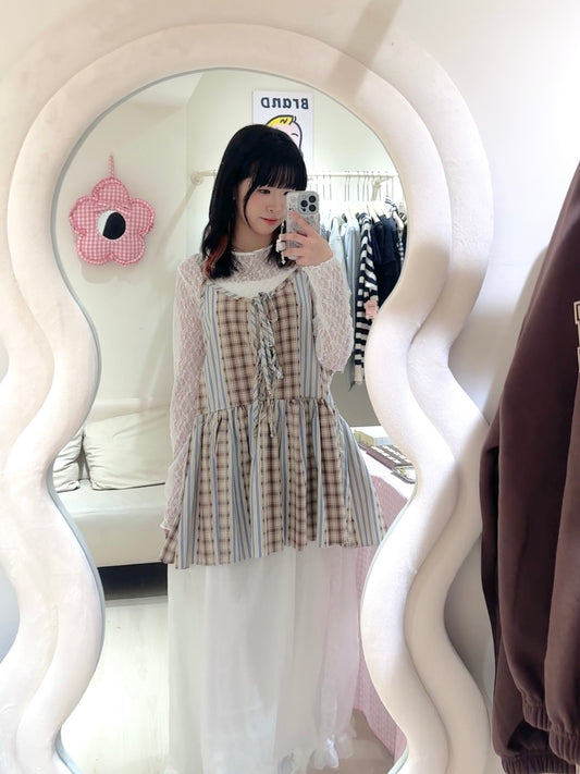 娃娃裝下擺格紋綁帶背心