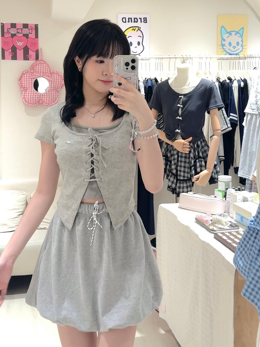 交叉綁帶上衣+澎澎短裙Set
