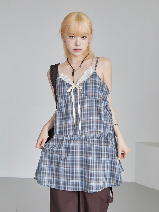 格紋抽繩中長款背心