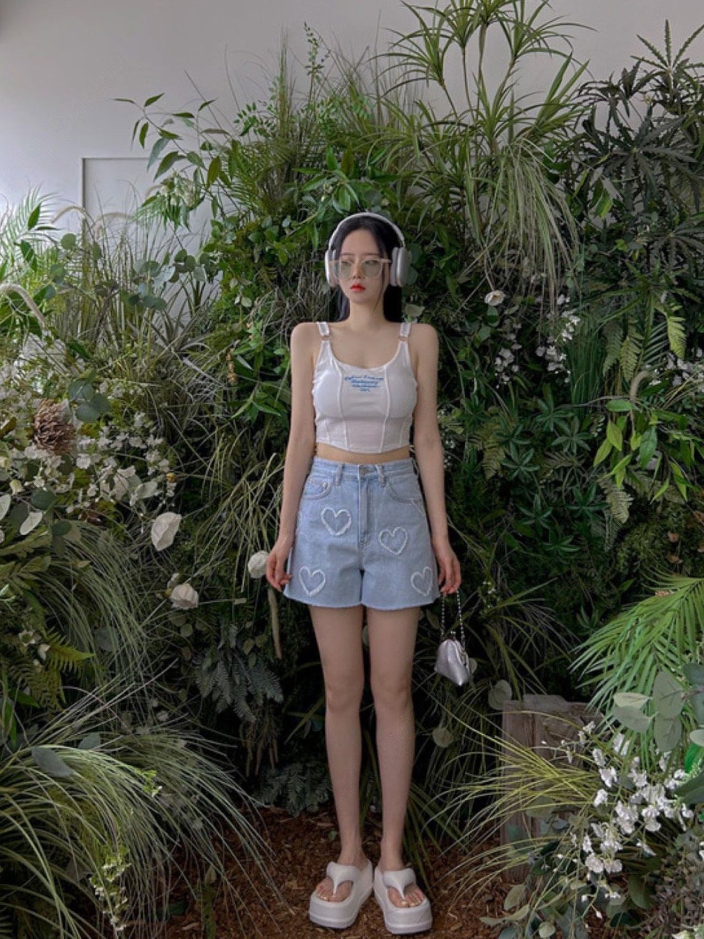 心心毛邊淺藍牛仔短褲