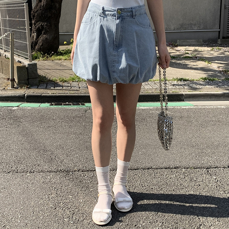 牛仔材質*๑♡可愛花苞短裙