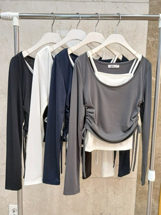 側抽繩綁帶上衣+小背心Set