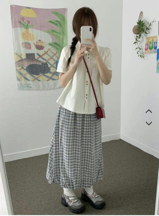格紋鬆緊腰汽球長裙