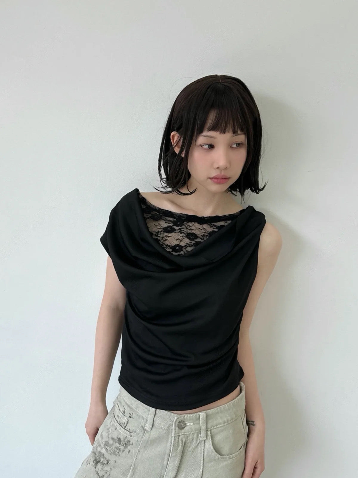 假兩件Lace皺摺tee