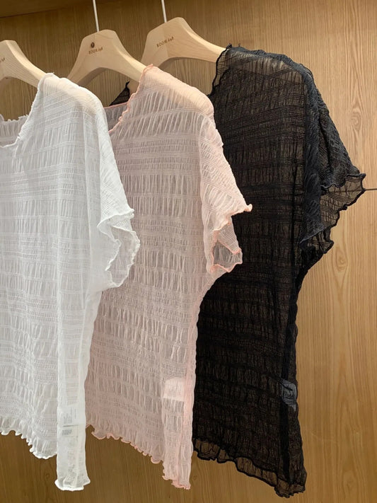 皺皺格紋寬鬆透透tee