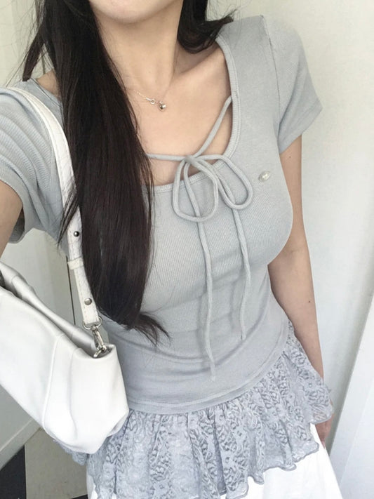 前綁帶蕾絲邊短袖tee