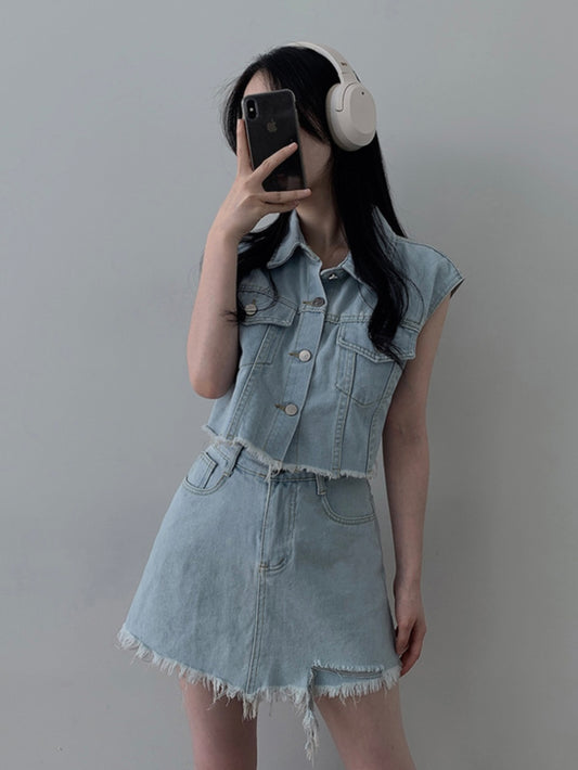 牛仔馬甲背心+短裙Set