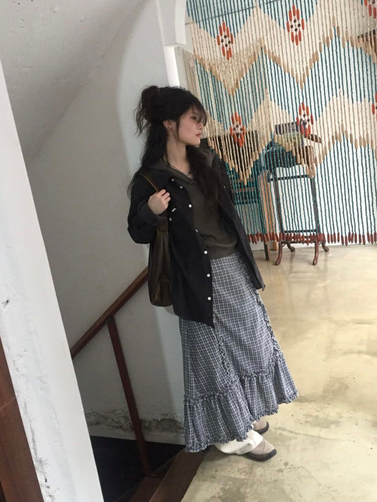 格紋兩側花邊長裙