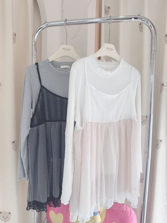 日系波點拼接莎莎罩衫