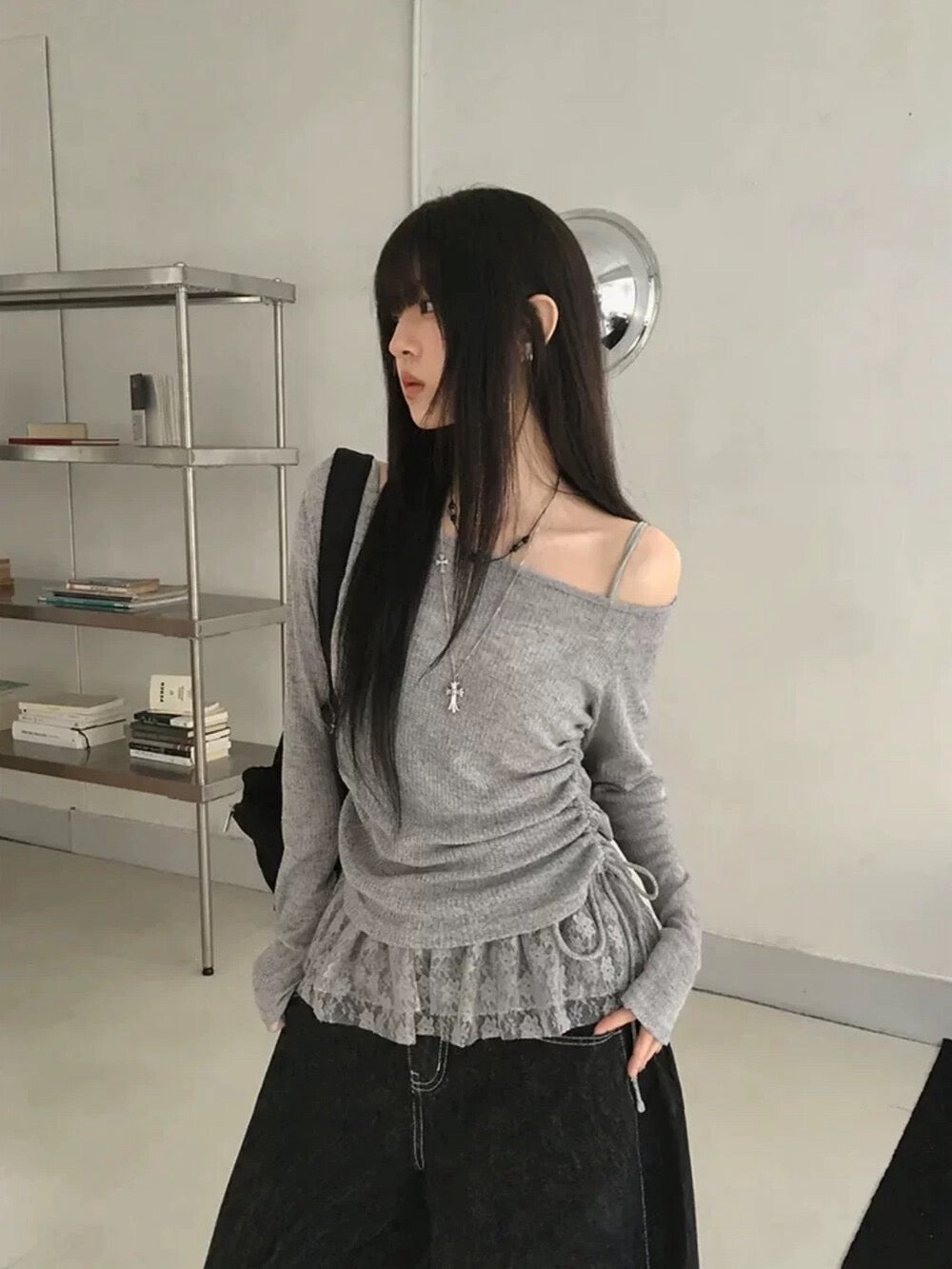 蕾絲小背心+側抽繩上衣Set