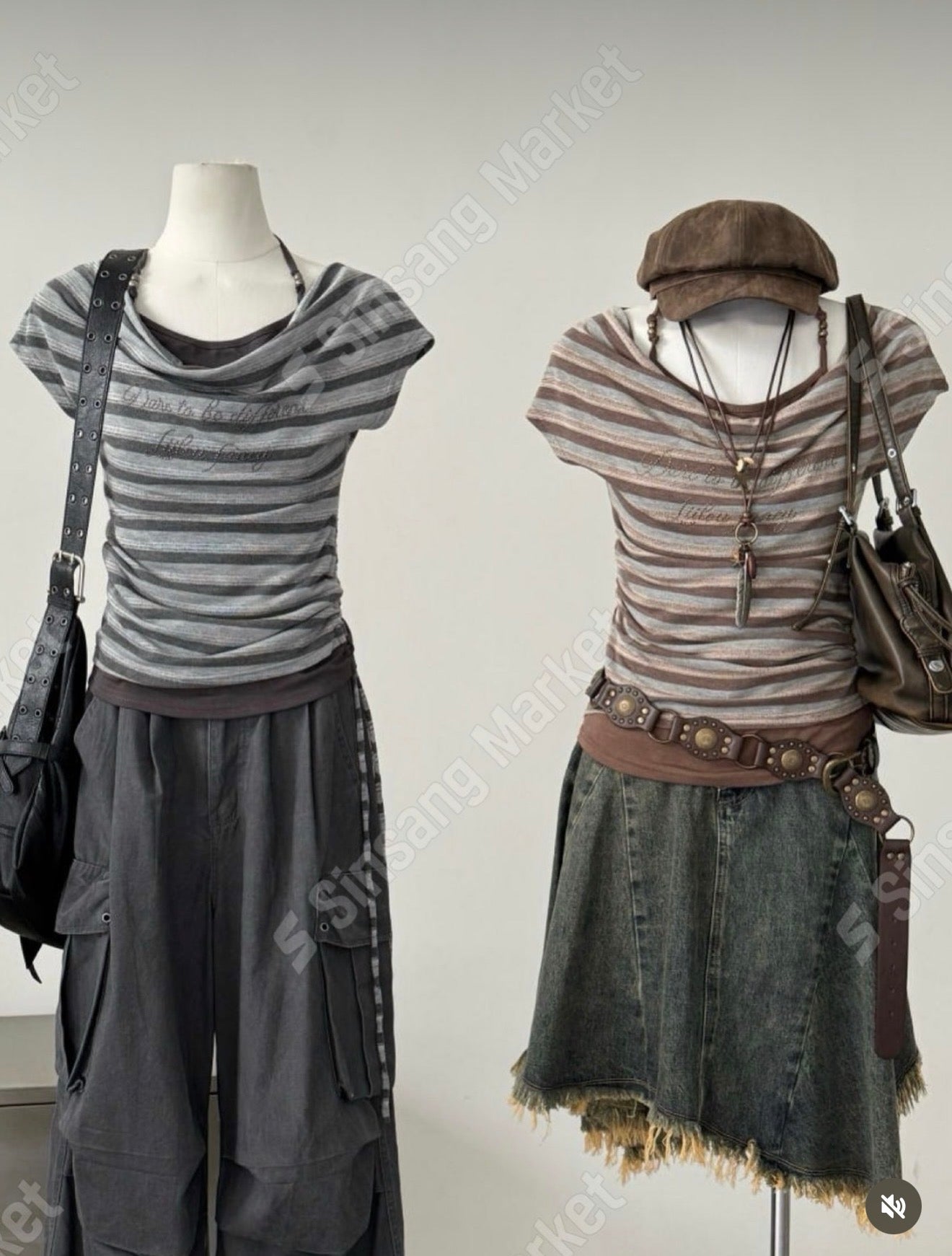 假兩件拼色間條上衣