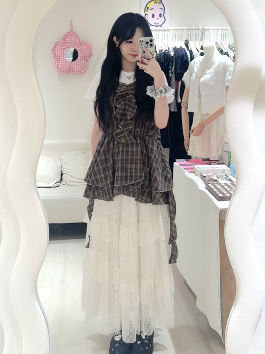 格紋荷葉邊不規則背心套裝