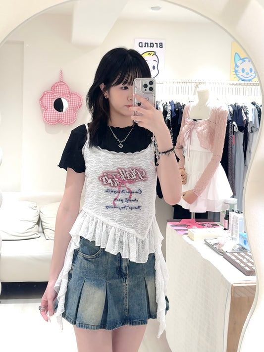 蝴蝶結不規則背心+牛仔短裙套裝