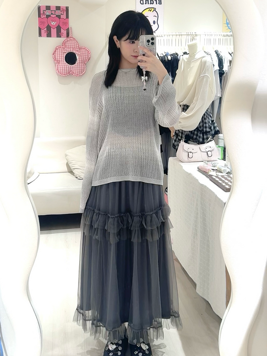 薄針織暈染上衣+日系紗裙套裝