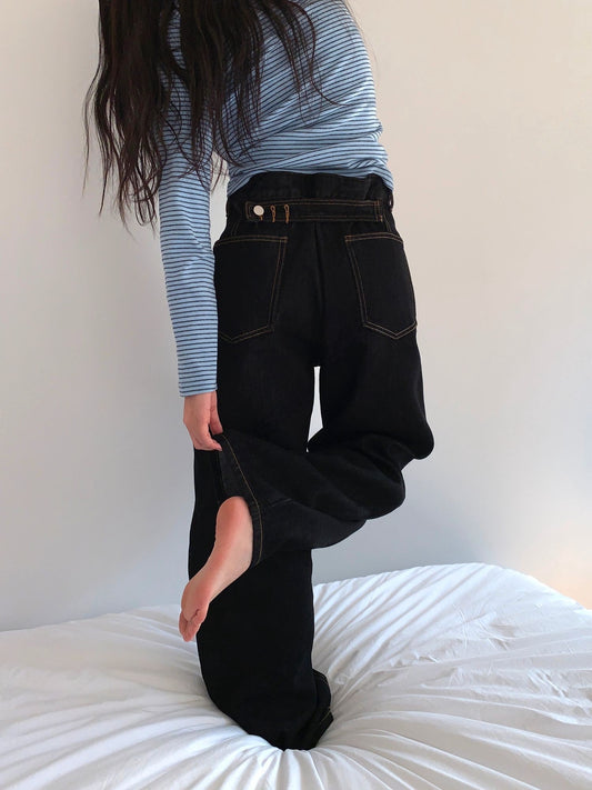復古後扭扣寬鬆牛仔長褲