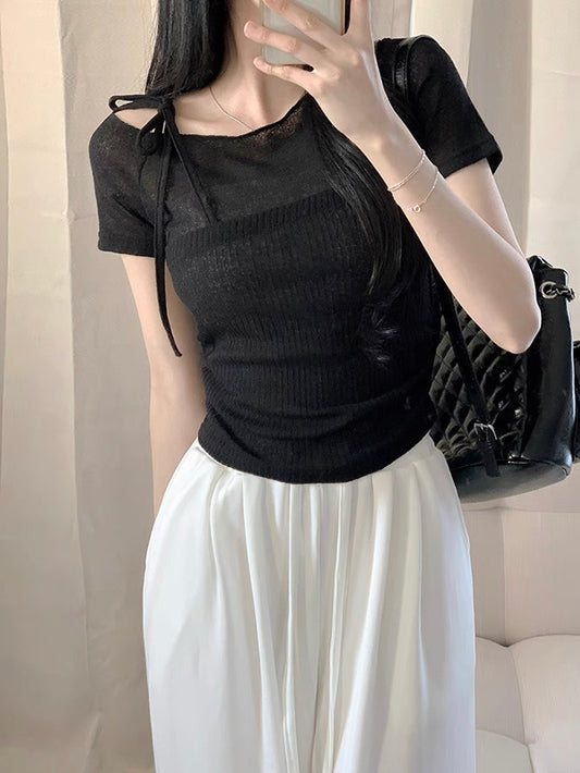 甜美綁帶拼接薄款tee