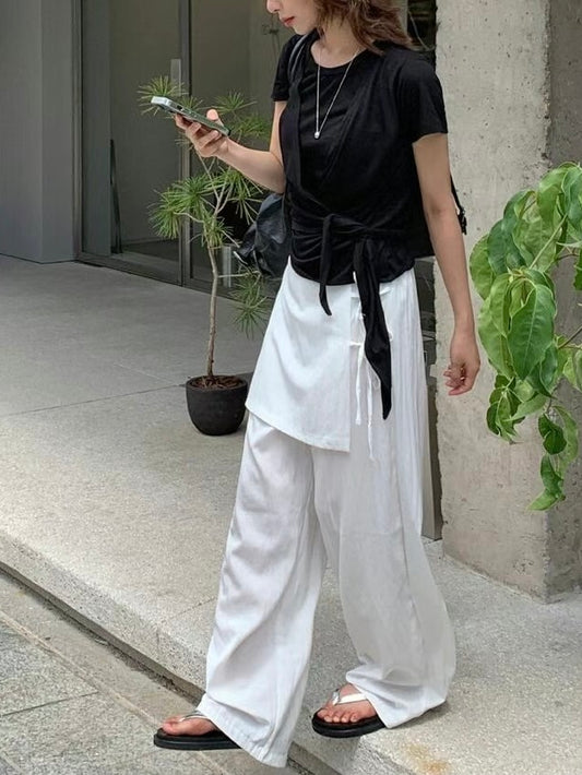 索索料假兩件側綁帶闊褲