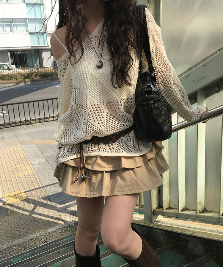 菱格紋縷空上衣+腰帶Set