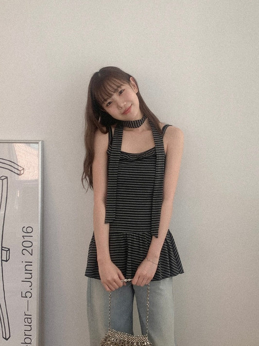 條紋花邊連身裙+頸繩Set