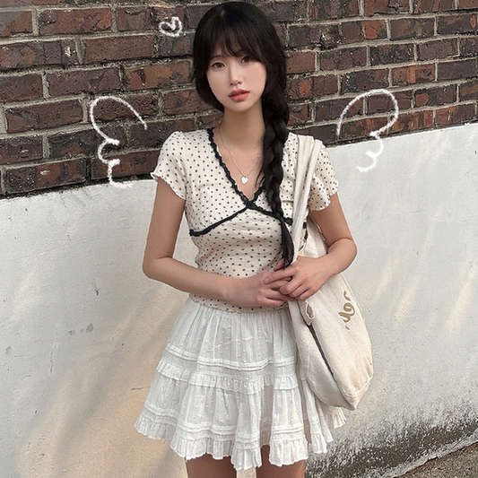 碎花暗紋花邊短tee