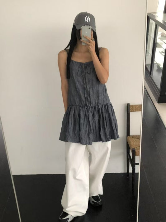 隨性褶皺感綁帶連身裙